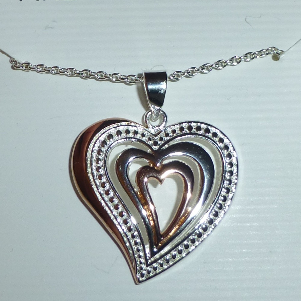 Heart Pendant Necklace, Two Tone Layered, Silver & Gold, 30” Chain, Romantic Nwt